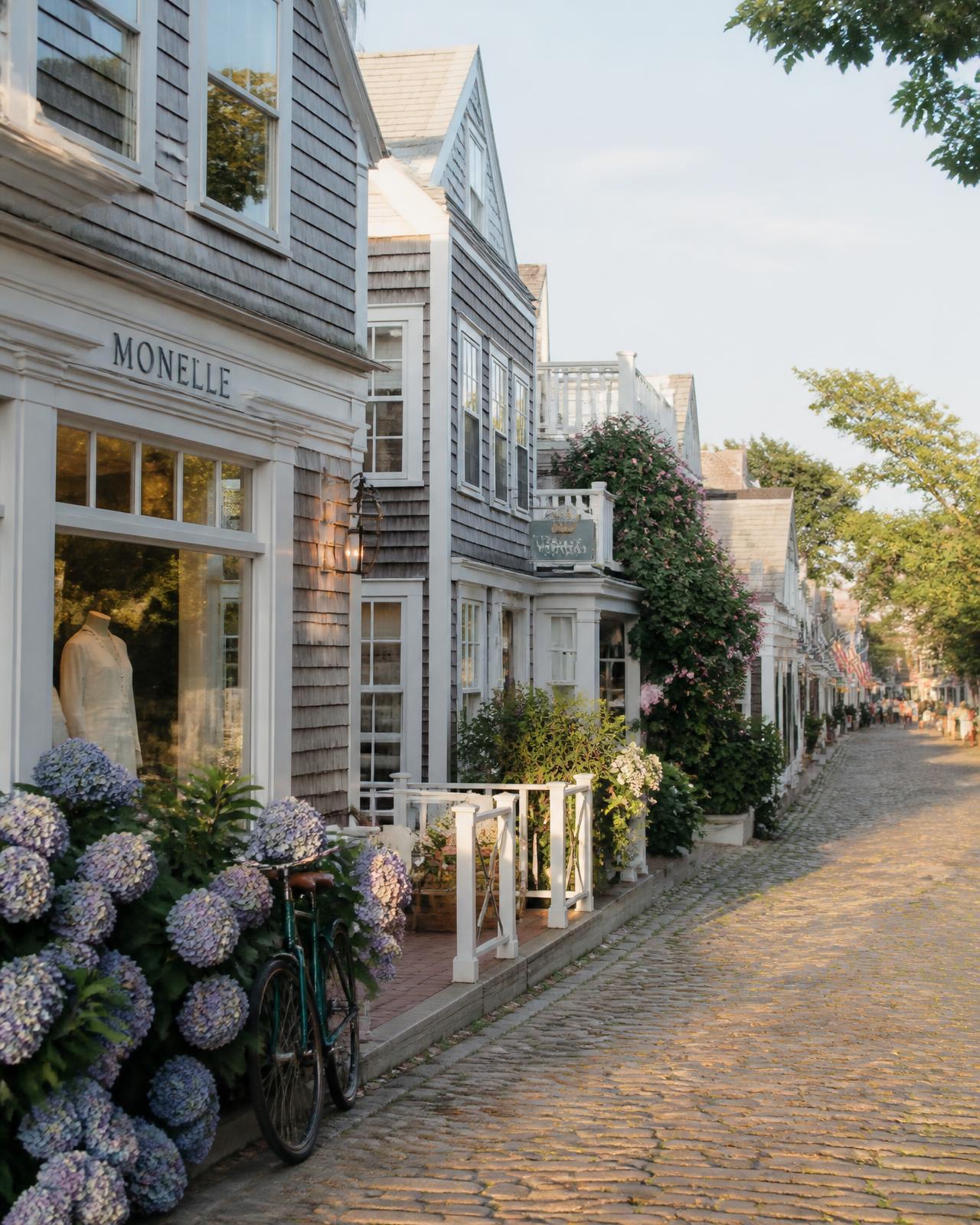 Cobblestone street with grey shingled shops and hydrangeas in Nantucket town